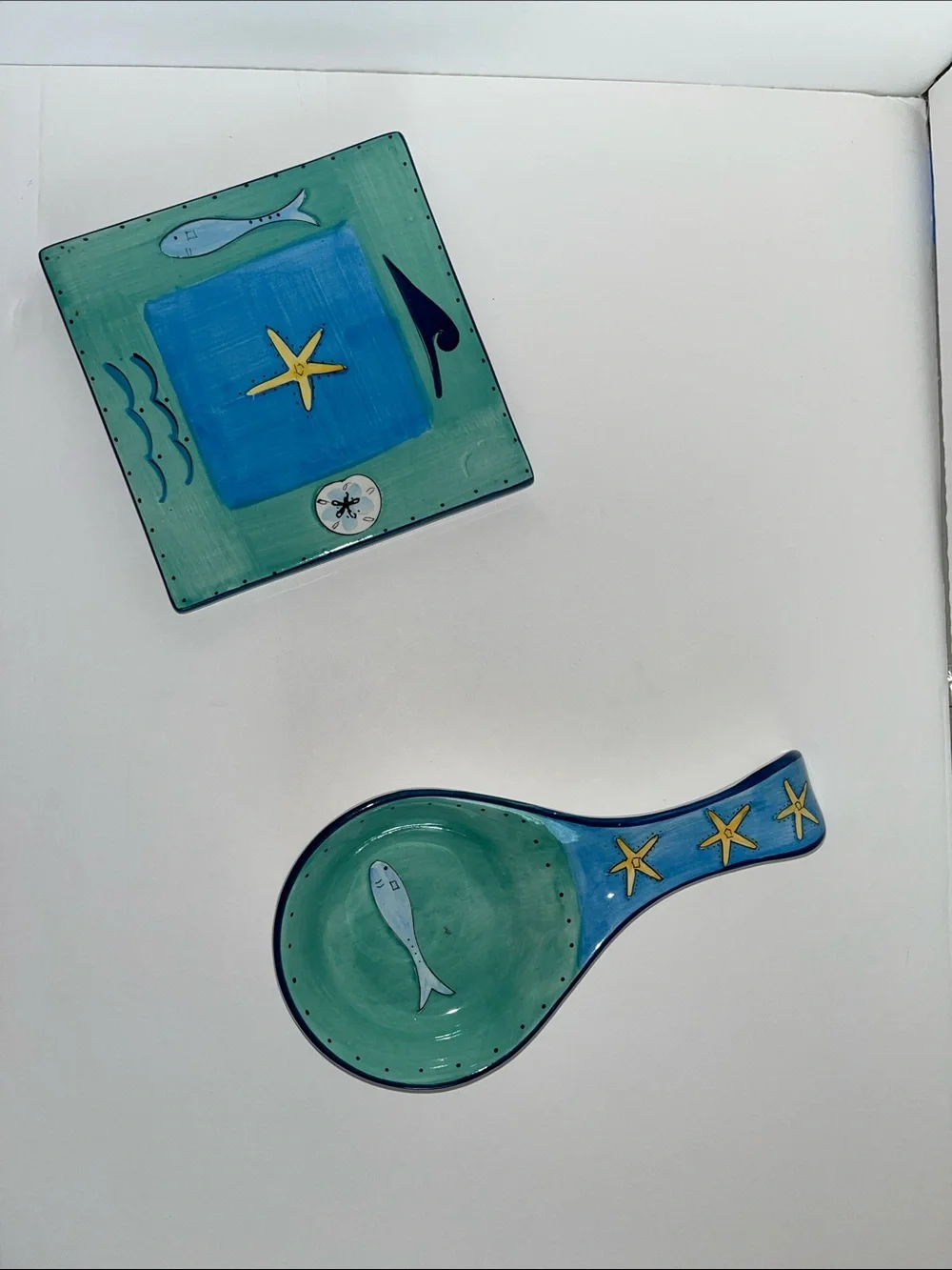 Coastal Ceramic Spoon Rest and Matching Dish — Blue & Green
